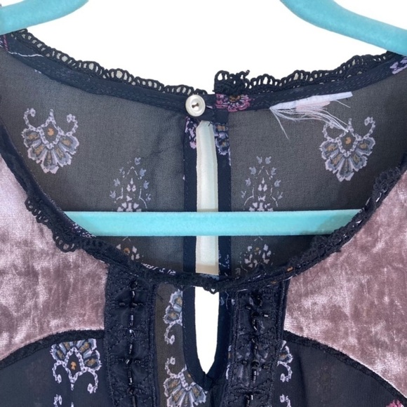 Knox Rose Boho Fairycore Goth Velvet Detail Peasant Blouse Black Pink Sheer Sz L - Picture 3 of 13